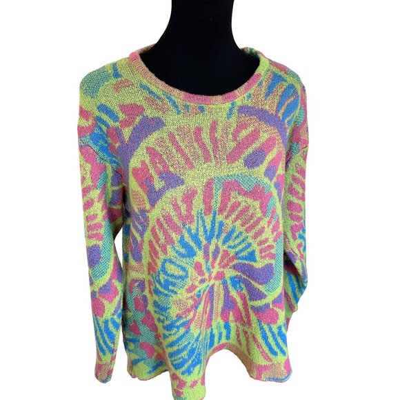 Womens Multicolor Pullover Sweater Tie Dye Lime Green Large Crew Comfy - Picture 1 of 7